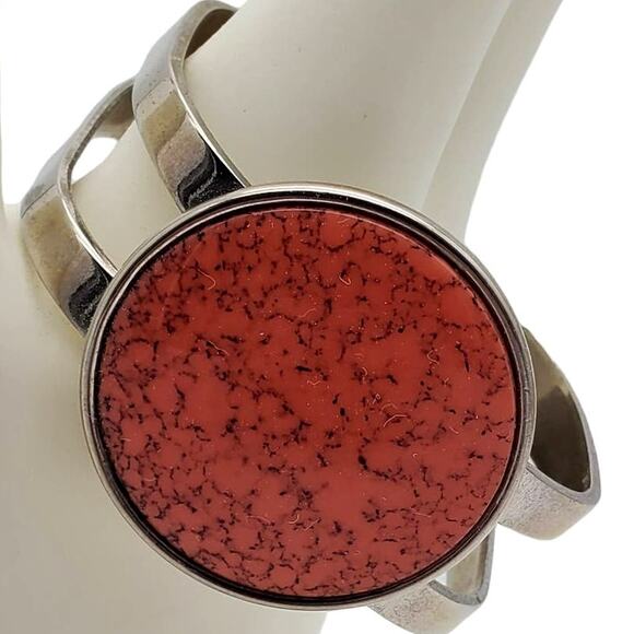 Retro Celebrity Faux Orange Stone Cuff Silver Tone Bangle Modernist Bracelet Vtg - Picture 2 of 8